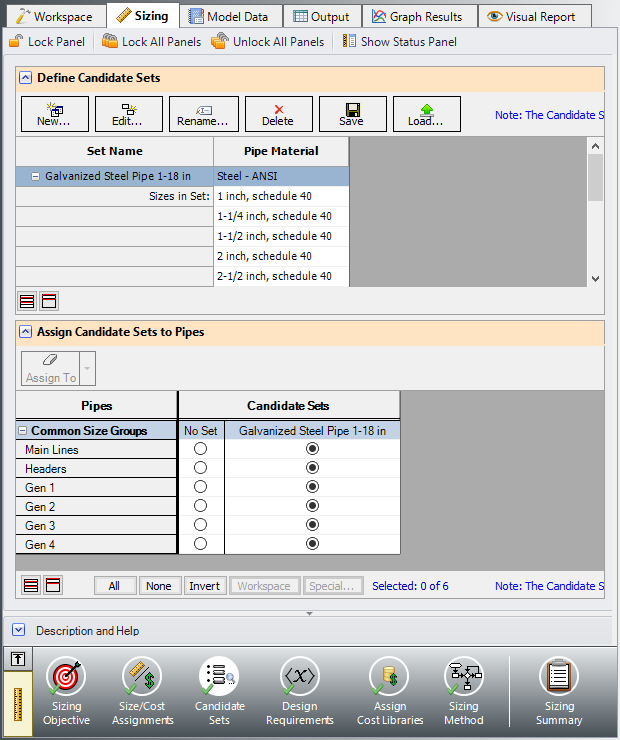 The Candidate Sets panel fully defined for the model.